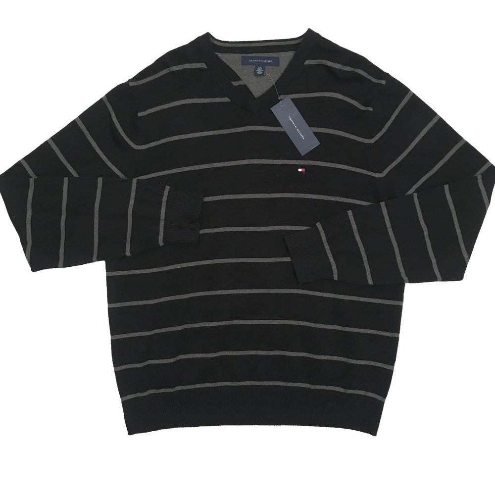 NEW Tommy Hilfiger Sweater!  Black With Gray Stripes  V Neck Tommy Flag on Chest